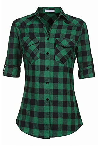 UNibelle Traditionell blus damer, rutiga skjortor, långärmad traditionell skjorta, oktoberfest, blus, rutig skjorta, träskjorta, toppar, ledig V-ringad, skjortblus, Mörkgrön (en storlek mindre för