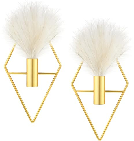 Peryiter 2 Pcs Boho Wall Decor Metal Gold Wall Art Hanging Planters with Artificial Pampas Modern Home Decor Display Art for Living Room Bedroom Bathroom(Rhombus)