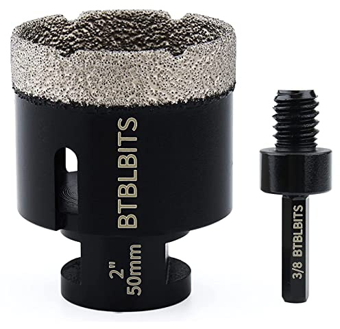 BTBLBITS Dry Diamond Core Drill Bit 2 Inch (50mm) Tile Diamond Hole Saw Vacuum Brazed for Angle Grinder for Porcelain Ceramic Granite Brick Marble with 5/8-11 Thread Plus 3/8” Hex Shank Drilling