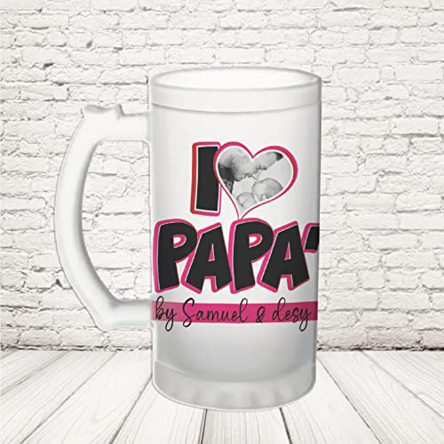 Generico Boccale birra bicchiere 600 ml vetro satinato o ceramica ” I LOVE PAPA’ CON FOTO “ personalizzato idea regalo festa del papà