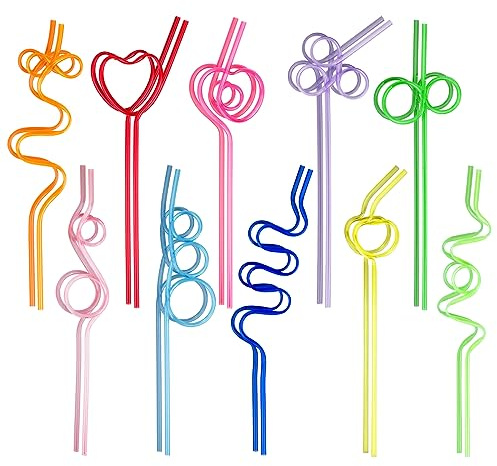 CRITIVE-S 20PCS Reusable Straw Novelty, Curly Hard Plastic Drinking Straws | Cute Party Drinking Straws Novelty for Kids, Multi-Shaped Colorful Silly Straw Bendy, Party Decorations Supplies
