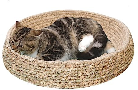 Natürlicher Bettkorb Aus Weidengeflecht Für Katzen, Handgefertigtes Geflochtenes Kätzchenbett Mit Weichem Kissen, Rattan-Gewebtes Haustierhausnest Mit Kissen Für Kätzchen, Welpen, Katzen, Hunde,B,S