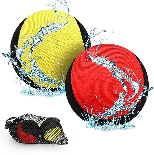 TSLBW 2 Pieces Water Bouncing Ball Beach and Swimming Pool Soft Ball Toy Water Spring Stress Relief with Storage Mesh Bag for Adults Kids Swimming Pool Beach Sea Outdoor Activities (Red/Yellow)