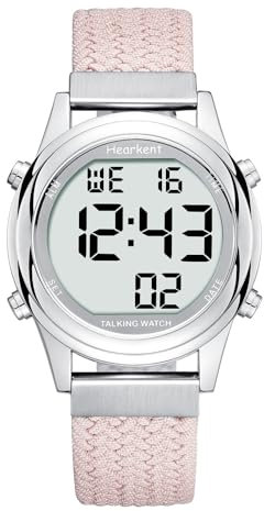 Hearkent Orologio digitale parlante da donna con voce comoda tedesca LCD grandi numeri orologio per ipovedenti, anziani o non vedenti, rosa., Classico
