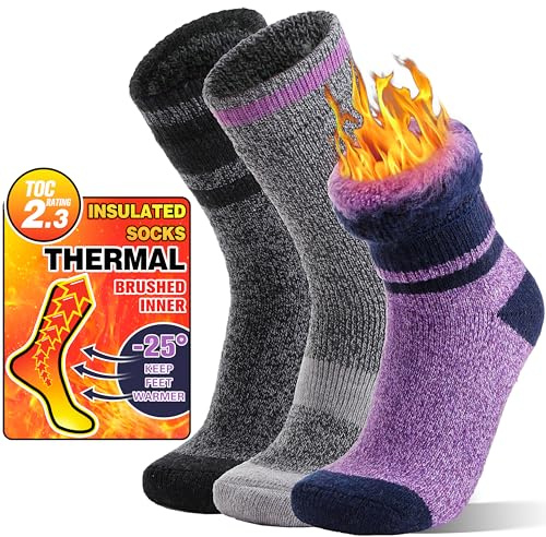 MOGGEI Heated Thermal Socks for Women Men Warm Winter Thick Insulated Ski Boot Gift Socks Stocking Stuffers for Women 3 Pairs(Purple Grey,M)