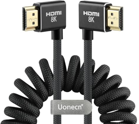 Uonecn HDMI 2.1 8K 60Hz 48Gbps High Speed Spiralkabel Kabel für Kamera & Monitor, kompatibel mit Atomos Ninja V, Portkeys BM5, Sony A7IV, Z CAM E2/F6, BMPCC 4K/6K, Schwarz, Left Angle auf Right Angle