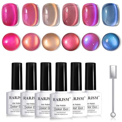RARJSM Colorful Ceramic Cat Eye Gel Nail Polish Set 6 Colors Light Purple Pink Blue Gold Brown Smoothie Velvet Shimmer Ice Jelly Cateye Gel Polish with Magnetic Stick UV LED Curing Requires Soak Off