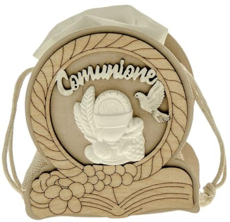 Ingrosso e Risparmio Bonboniere Kommunion 6 Stück Konfektschachtel aus Holz rund mit Kreide Symbole Kommunion Kelch Hostie Kind Mädchen Feier