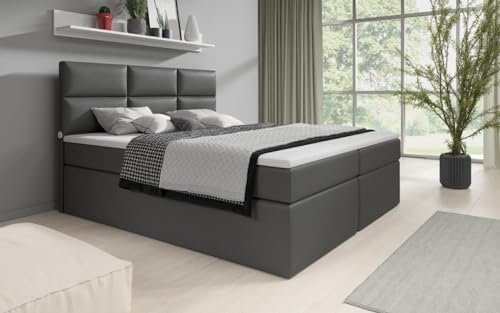 Boxspringbett Carito 140x200 Doppelbett Polsterbett Bett mit USB-Anschluss und Stauraum | Bezug: Kunstleder | Farbe: Grau | Härtegrad: H4 (100kg+)