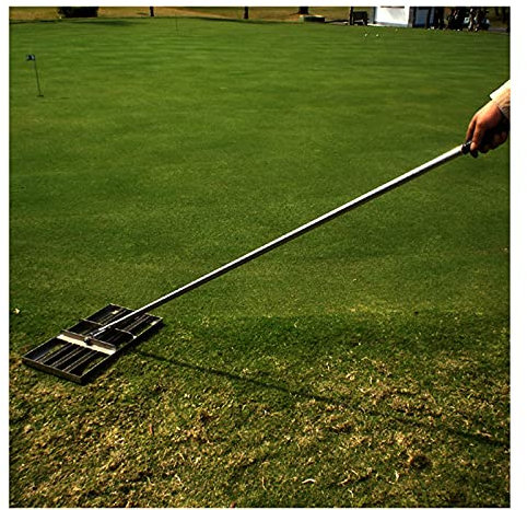 Rastrillo de nivelación de césped, nivelador de herramientas de patio, trituradora de césped plano de acero inoxidable para acabado de jardín y patio, recortadora de césped de nivel de golf de 4.5