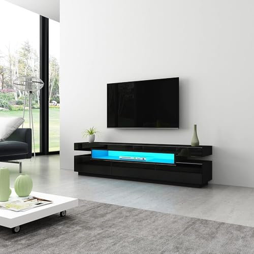 LED-TV-Ständer,TV-Schrank 160 cm, Modernes TV-Möbelstück,Hochglanzfront, Matter Korpus mit 3 Schubladen für Schlafzimmer, Wohnzimmer, Wohnmöbel (Schwarz)