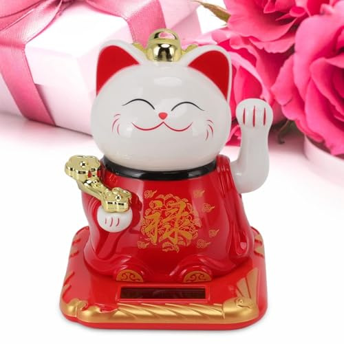Jwthee Winkende Glückskatze mit Arm, Solar-Glückskatze, viel Glück, Reichtum, einladende Katzen, niedliche Winkekatze, glückliche Feng-Shui-Katze, glückliche chinesische Katze für (Rot)