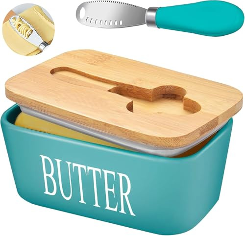 Butter Dish, Ceramic Butter Dish with Wooden Lid & Stainless Steel Knife | Airtight Butter Keeper for Counter or Fridge, Butter Container with Double High-Quality Silicone