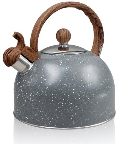 3 Liter Whistling Stainless Steel Tea Kettle with Wood Grain Anti Heat Handle, Cylindrical Wood Grain Stainless Steel Cover, (3.2 Quart, Beige)