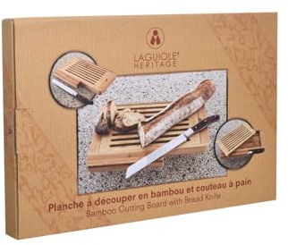 Tabla de cortar de bambú Laguiole Heritage con cuchillo para pan - Juego de primera calidad de acero inoxidable y bambú - Recogemigas integrado - Ideal para pan, baguettes y bollería