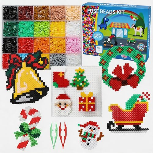 Lot de 7 000 perles de Noël pour enfants - 5 mm - Kit de perles fondues en fer avec panneaux perforés, papier à repasser et chaîne - Accessoires pour enfants, garçons et filles