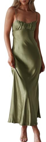 Satin Spaghetti Strap Backless Ruched Twist Cocktail Dresses for Women Silk Open Back Cut Out Midi Dress Wedding Guest Olive