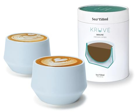 KRUVE IMAGINE Latte-Kaffeetassen aus Porzellan, doppelwandige Latte-Tassen, Glasbecher im 2er-Set – 140 ml Thermo-Kugeldesign für Latte Art, isolierte Kaffeebecher zur Wärmespeicherung (blau)