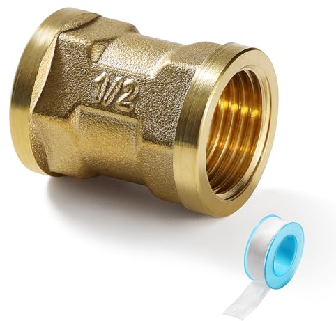 Lyeteung Manicotto in ottone G1/2, connettore filettato femmina in ottone, raccordo a doppia manica, con nastro idraulico, per collegamento tubi