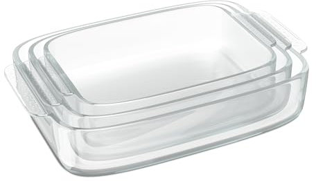 Relaxdays Bandejas de Horno, Set de 3, Fuentes Cristal Rectangulares, Lasañeras, Aptas para Lavavajillas, Transparentes, 6,5 x 38 x 25 cm