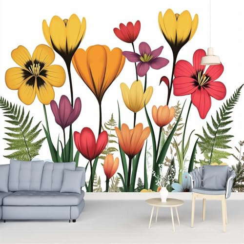 Fototapete Wandbild 3D Fototapete Bunte und helle blühende Blumen Vliestapete Wandtapete Foto für Design der Fernseh Hintergrund Gelb und Grün Fototapete 400 x 280 cm