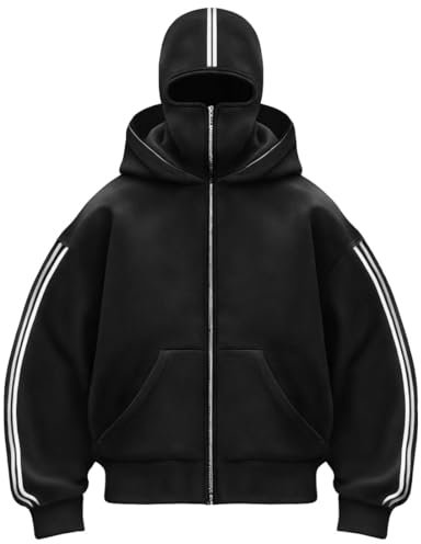 PADOLA Balaclava Zip Hoodie Herren mit Sturmhaube Oversized Y2K Ninja Hoodie mit Doppel Kapuze Winddichter Kapuzenpullover mit Fleece Streifen Winter Sweatshirt Warme Übergangsjacke (2XL, 0 Schwarz)