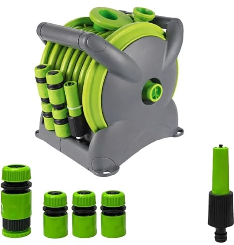 Garden Mile Garden Hose Reel 15m – Flexible Anti-Kink Hose Pipe with Nozzle & Fittings, Free Standing or Wall Mounted Hose Reel for Garden Watering & Car Cleaning