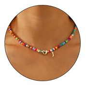 Initial Heart Necklace for Girls Women Gold Colorful Beaded Choker Gifts(J)