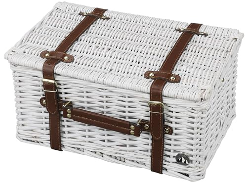 CILIO Picknick-Korb PESCARA, weiß, aus geflochtener Weide, ideal für stilvolle Outdoor-Erlebnisse, ausgestattet für 4 Personen, inklusive Besteck und Geschirr