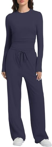 BOSECETA 2 Piece Lounge Sets for Women Fall Outfits Long Sleeve Wide Leg Tracksuits Womens Casual Loungewear Two Pcs Matching Set (Dark Blue, Medium)