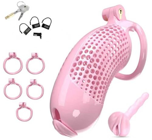 F-5.0 Chastity Cage Male,Peniskäfig Deluxe Set mit Fake Frau Pussy + 5 Cock Cage Penisring,Keuschheitskäfig Herren Extrem,Keuschheitsgürtel für Herren,Gay Sexspielzeug (pink, XXL)