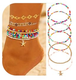 Yean Boho-Fußkettchen mit stapelbaren Perlen, bunte Seestern-Fußkettchen, Strand-Accessoires für Damen