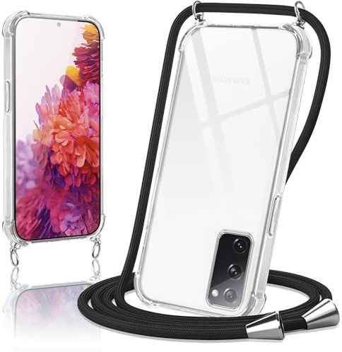 Micnkifo Handyband Hülle mit Band für Samsung Galaxy S20 FE 5G, Necklace Handyhülle mit Kordel Schutzhülle für zum Umhängen, Transparent TPU Case Stoßfest Kratzfest Silikon Cover mit Kette, Schwarz