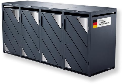 Metzler Mülltonnenbox 4er 240L Anthrazit mit Edelstahl Akzenten | Mülltonnenverkleidung für 4 Tonnen aus verzinktem Stahl | wetterfest mit Automatikdeckel und Soft Close