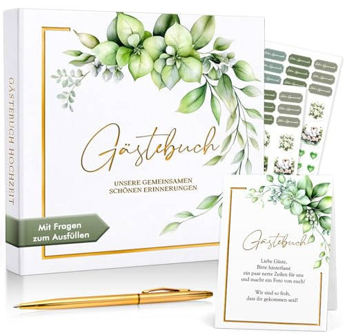 AISBUGUR Gästebuch Hochzeit mit Fragen zum Ausfüllen, Guestbooks 126 Seiten | Goldprägung & Eukalyptus-Design, Stift, Aufkleber & Box