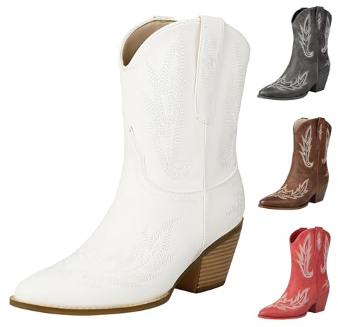Stövletter dam läder klack – cowboy stövlar dam vid skaft – ankelstövlar kort skaft västerländska stövlar vintage broderi PU-läder halvhöga slip-stövlar halkfria ridstövlar, Vit, 36 EU