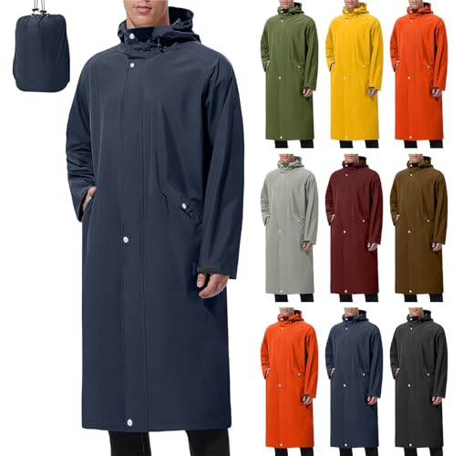 Packable Waterproof Jacket Mens Long Raincoats for Men Pack Away Hooded Rain Jackets Baggy Water Resistant Windbreaker Windproof Showerproof Coat with Hood Fishing Clothes Tall