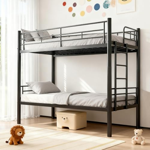 Våningssäng 90 x 200, Bunk Bed Metal, Våningssäng i metall, Bunk Säng Med Skyddsräcke och Atkomststege, Kan Omvandlas Till 2 Enkelsängar, Utrymmesbesparande, för Barn och Ungdomar (Svart)