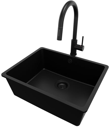 PRIMAGRAN Fregadero bajo Encimera al Mueble 60cm + Grifo, 56x44cm | Set: Grifo BW9010 + Kit de desagüe (sifón, válvula, rebosadero) + Venecia Easy 1 Seno Granito, Todo Negro