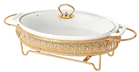 Chafing Dish aus weißer Keramik mit Brennstoffhalter und Sichtabdeckung aus Glasng aus Glas, Buffetwärmer für die Gastronomie, professionelles Chafing-Server-Set für Buffethochzeiten, AL, BM