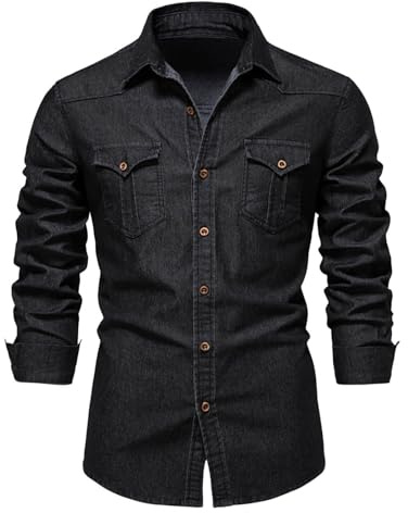 Generisk högljudd herrskjorta tvättad, klassisk, långärmad jeansskjorta med smal för herrskjorta herr vit krage, svart, XL