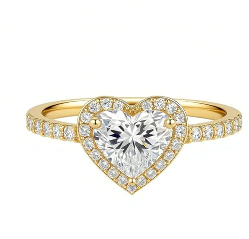 Ayoiow Halo-Herz Damen Ring Bunt mit Moissanit, Eheringe Gelbgold Damen, 9 Karat Gelbgold Größe 60 (19.1)