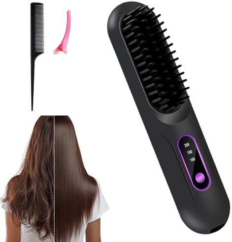 Haarglätter Bürste, Glätteisen Kabellos, Haarglätter Wiederaufladbare Tragbare, Hair Straightener 3-stufige Temperaturregelung Geschenke für Frauen (Schwarz)