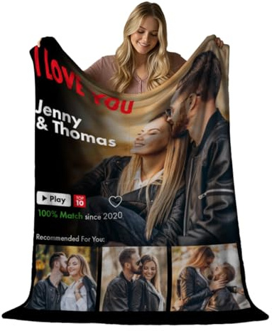 Personalisierte Foto Decke mit Vier Fotos & Text 150x200 CM Sofadecke; Super Weiche Extra Gemütliche Kuscheldecke für die Familie Freunde Geschwister | Geschenk zum Valentinstag FILMABEND [081]