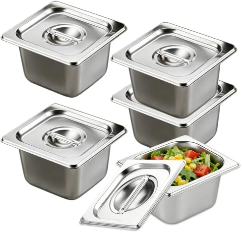 Nimblyne 4 Stück Gn Behälter mit Deckel, 1/6 Größe 17,6 x 16,2 x 10 cm, 900ML Edelstahl Behälter mit Deckel, Edelstahlbehälter mit Deckel, Gastronormbehälter, Warmhaltebehälter Essen