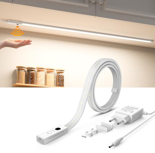 Lureshine Unterbauleuchte Küche LED Lichtleiste 60CM Handgesten Sensor | 3 Farbtemperatur Dimmbar, Selbstklebend Flexibel Silikon Strip Streifen, 24V Netzteil,Unterschrank Beleuchtung Küche,Schrank