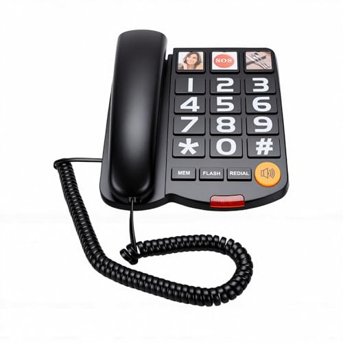 Annadue Extra Hög 110dB Fast Telefon med Stora Knappar, Snabbval, Handsfree-funktion, Hög Ringsignal, Nödsamtalsnyckel med Sladd för Seniorer (Svart)