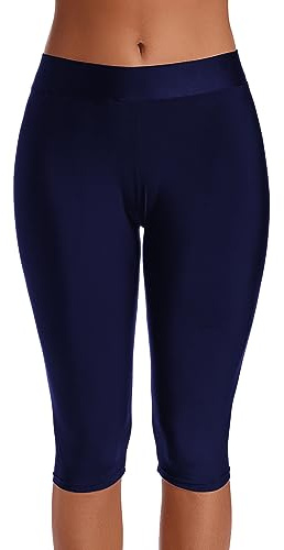 Akaeys Pantaloncini da bagno da donna, lunghezza al ginocchio, leggings con protezione solare, pantaloni sportivi crop da nuoto, tankini, Navy, M