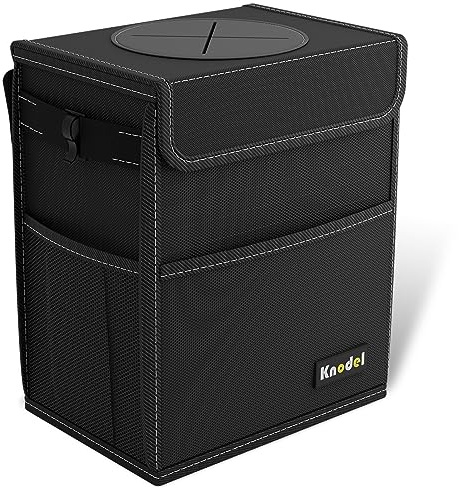 K KNODEL Car Bin with Lid, Car Trash Can and Bag (Medium, Black) | Waterproof Car Garbage Can with Liner, Hanging Trash Bag for Car, Suv, Van, Truck, Car Bin