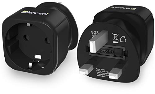 LENCENT 2X EU to UK Plug Adapter, Europe Schuko 2 Pin to 3 Pin UK Travel Adaptor, European Euro to British Adapter- Black